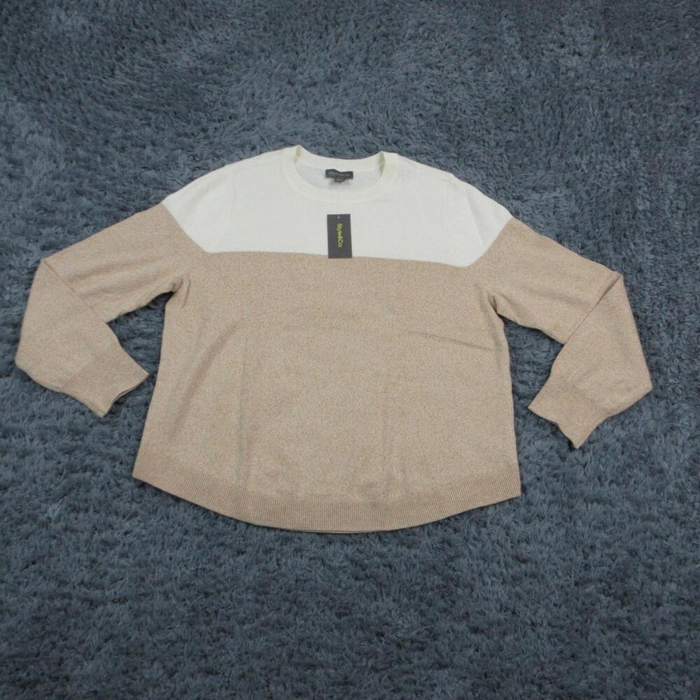 Style&co. Sweater Womens Petite Large Beige Colorblock Crew Neck Long Sleeve NWT